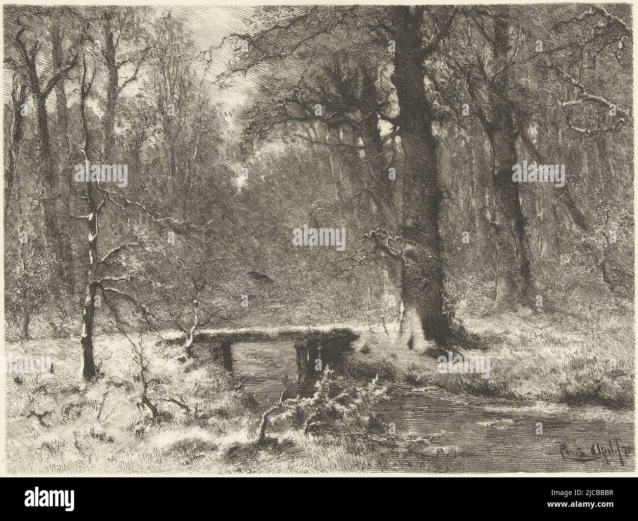 Scène d'hiver dans les bois de la Haye en marge un croquis de l'Apollo Belvedere, vue d'hiver dans la forêt de la Haye, imprimeur: Petrus Johannes Arendzen, (mentionné sur l'objet), après: Louis Apol, (mentionné sur l'objet), pays-Bas, 1865 - 1879 Banque D'Images