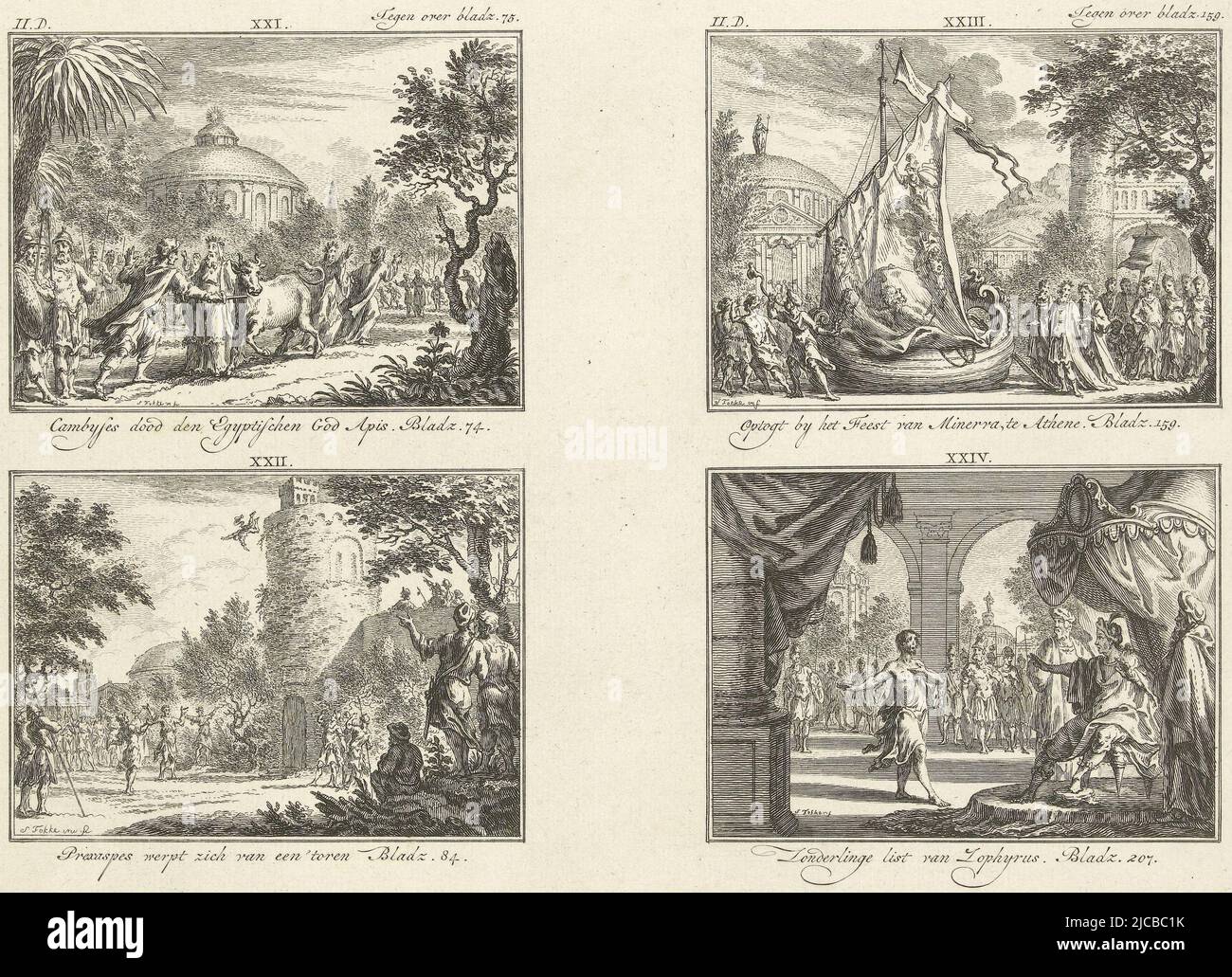 Quatre illustrations d'histoire classique d'une plaque, numérotées XXI à XXIV, toutes avec des légendes Haut à gauche: Cambyses tue le dieu égyptien APIs Bas à gauche: Prexaspes saute d'une tour Haut à droite: Procession pendant la fête de Minerva à Athènes en bas à droite: Liste des Zophyrus Images XXI et XXII marquées en haut à droite: Page opposée 75 Images XXIII et XXIV marquées en haut à droite: En face de la page 159, quatre représentations d'illustrations d'histoire classique de l'histoire classique, imprimeuse: Simon Fokke, (mentionné sur l'objet), Simon Fokke, (mentionné sur l'objet), Amsterdam, 1722 - 1784, papier Banque D'Images