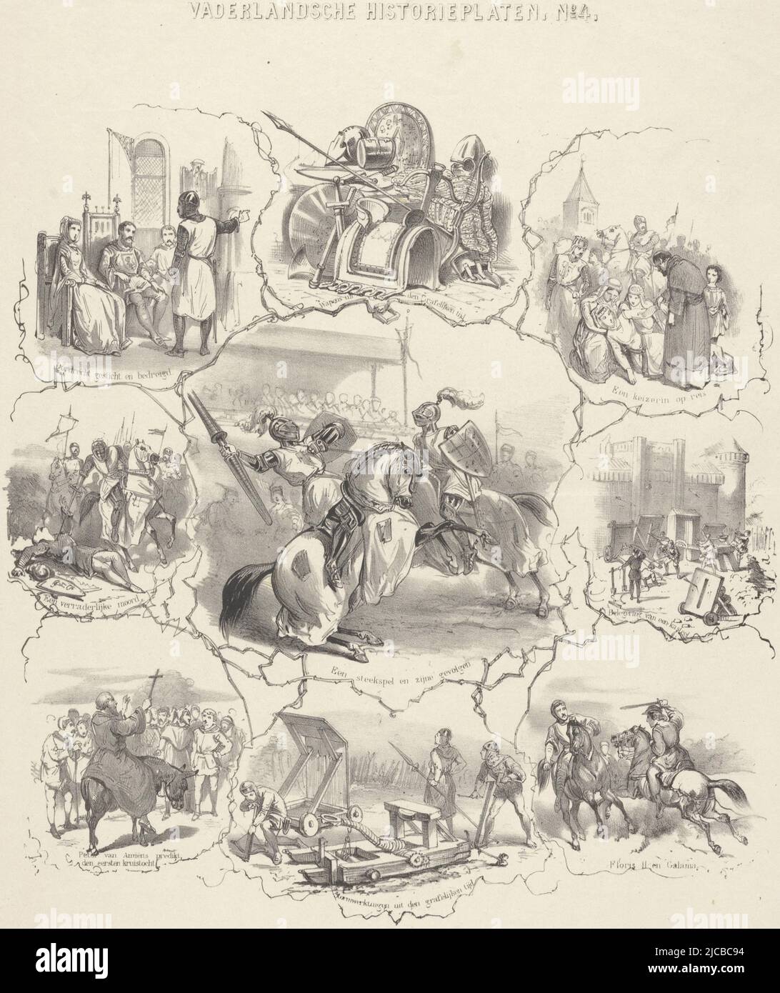 Au milieu d'un joust entre deux chevaliers à cheval autour de lui diverses scènes, y compris l'attaque par les Fries Galama sur le comte Floris II, le siège d'un château et la fondation et la menace à Dordrecht cet imprimé a été publié avec le Kinder-courant, Scènes de l'époque des croisades plaques historiques hollandaises de Kinder-courant plaques historiques hollandaises sur objet, imprimeur: Gerardus Johannes Bos, (mentionné sur objet), imprimeur: Hendrik Leonardus van Hoogstraten, (mentionné sur objet), imprimeur: Pays-Bas, imprimeur: La Haye, in ou avant 1848 - 1896, papier, h 432 mm × l 343 Banque D'Images