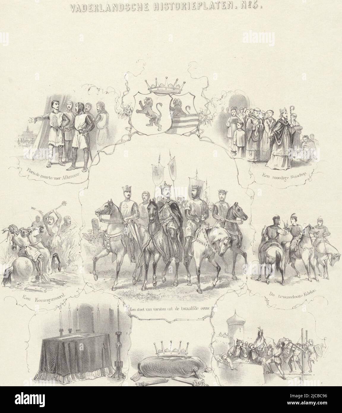 Au centre, une procession de quatre souverains à cheval avec leur entourage sont diverses scènes telles que Floris le Noir et l'attaque sur Alkmaar, un assassinat royal et la capture de Damiate en Égypte cet imprimé a été publié avec le Kinder-Courant, Evénements du XIIe siècle plaques historiques hollandaises du Kinder-courant plaques historiques hollandaises sur objet, imprimerie: Gerardus Johannes Bos, (mentionné sur objet), imprimerie: Hendrik Leonardus van Hoogstraten, (mentionné sur objet), imprimerie: Pays-Bas, imprimerie: La Haye, avant 1859 - 1896, papier, h 429 mm Banque D'Images