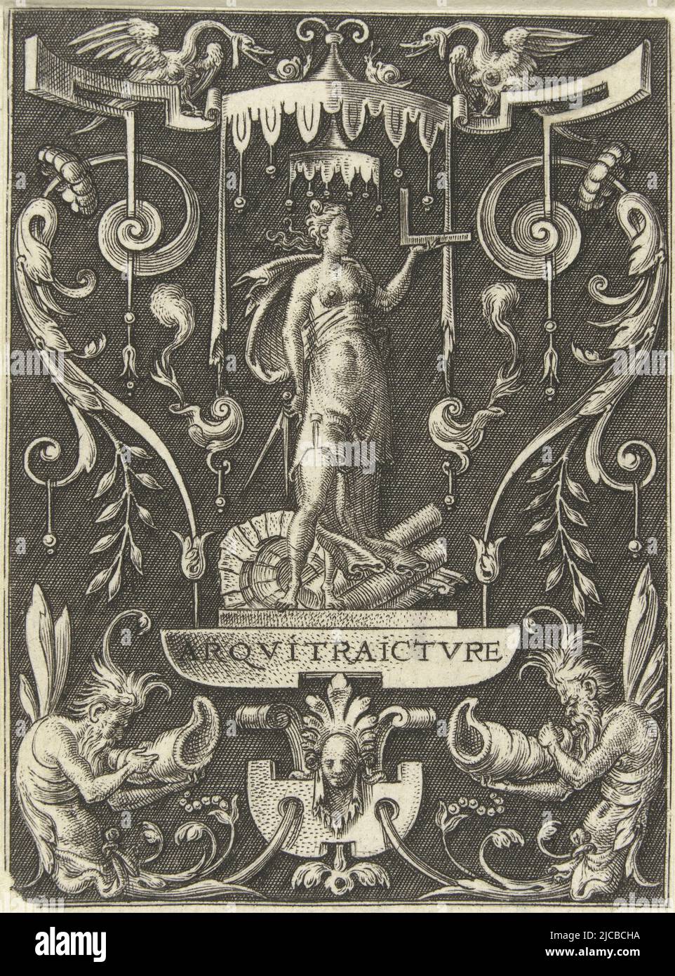 L'architecture avec un carré et une boussole Un satyr ailé souffle sur une coquille de conch en bas à gauche et à droite Imprimer de la série de 6 magazines des Sciences et des Arts libres, Architecture ARQVITRAICTVRE quatre arts libres, la perspective et l'architecture, présenté par les femmes , imprimerie: Etienne Delaune, Etienne Delaune, éditeur: Anonyme, France, (éventuellement), 1528 - 1583, papier, gravure, h 76 mm × l 52 mm Banque D'Images