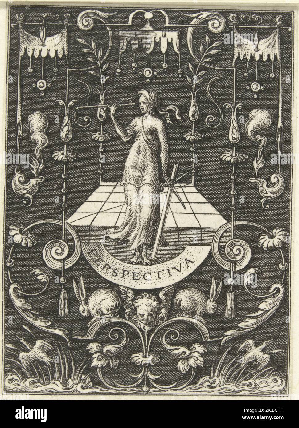 La perspective avec des instruments de mesure dans les mains debout devant un sol carrelé Un oiseau vole vers le haut des roseaux en bas à gauche et à droite Imprimer à partir de la série de 6 feuilles de der Wetenschappen Vrije Kunsten, Perspectief PERSPECTIVA quatre arts libres, la perspective et l'architecture, Représenté par femmes , imprimerie: Etienne Delaune, Etienne Delaune, éditeur: Anonyme, France, (éventuellement), 1528 - 1583, papier, gravure, h 76 mm × l 53 mm Banque D'Images La perspective avec des instruments de mesure dans les mains debout devant un sol carrelé Un oiseau vole vers le haut des roseaux en bas à gauche et à droite Imprimer à partir de la série de 6 feuilles de der Wetenschappen Vrije Kunsten, Perspectief PERSPECTIVA quatre arts libres, la perspective et l'architecture, Représenté par femmes , imprimerie: Etienne Delaune, Etienne Delaune, éditeur: Anonyme, France, (éventuellement), 1528 - 1583, papier, gravure, h 76 mm × l 53 mm Banque D'Images