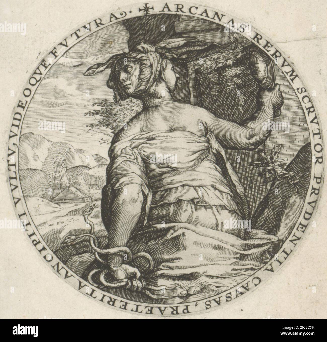 La personnification féminine de prudence Prudentia, l'une des quatre vertus  cardinales, avec une tête de Janus entre ses mains, elle porte ses  attributs personnels: Le miroir et le serpent Imprimer d'une série