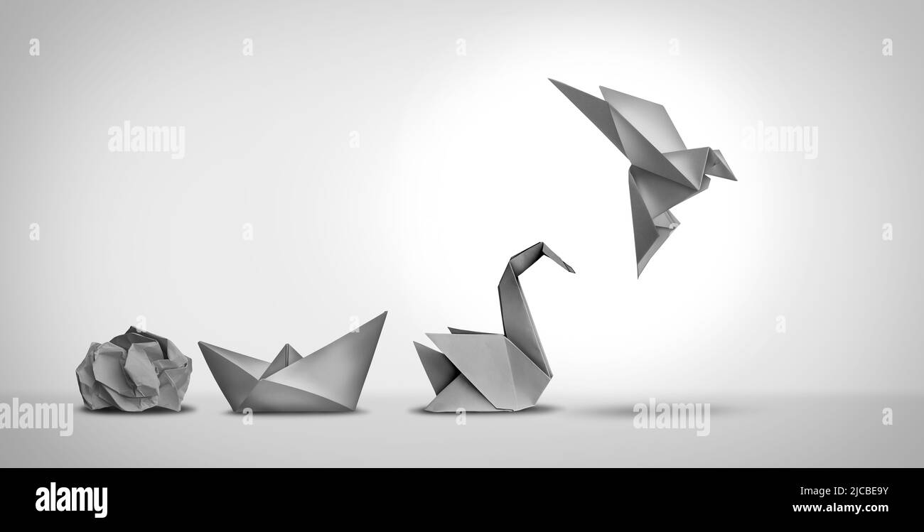 Changer pour réussir en tant que leader et changement d'entreprise par l'innovation et l'évolution de la capacité comme papier froissé se transformant en un bateau alors Banque D'Images Changer pour réussir en tant que leader et changement d'entreprise par l'innovation et l'évolution de la capacité comme papier froissé se transformant en un bateau alors Banque D'Images
