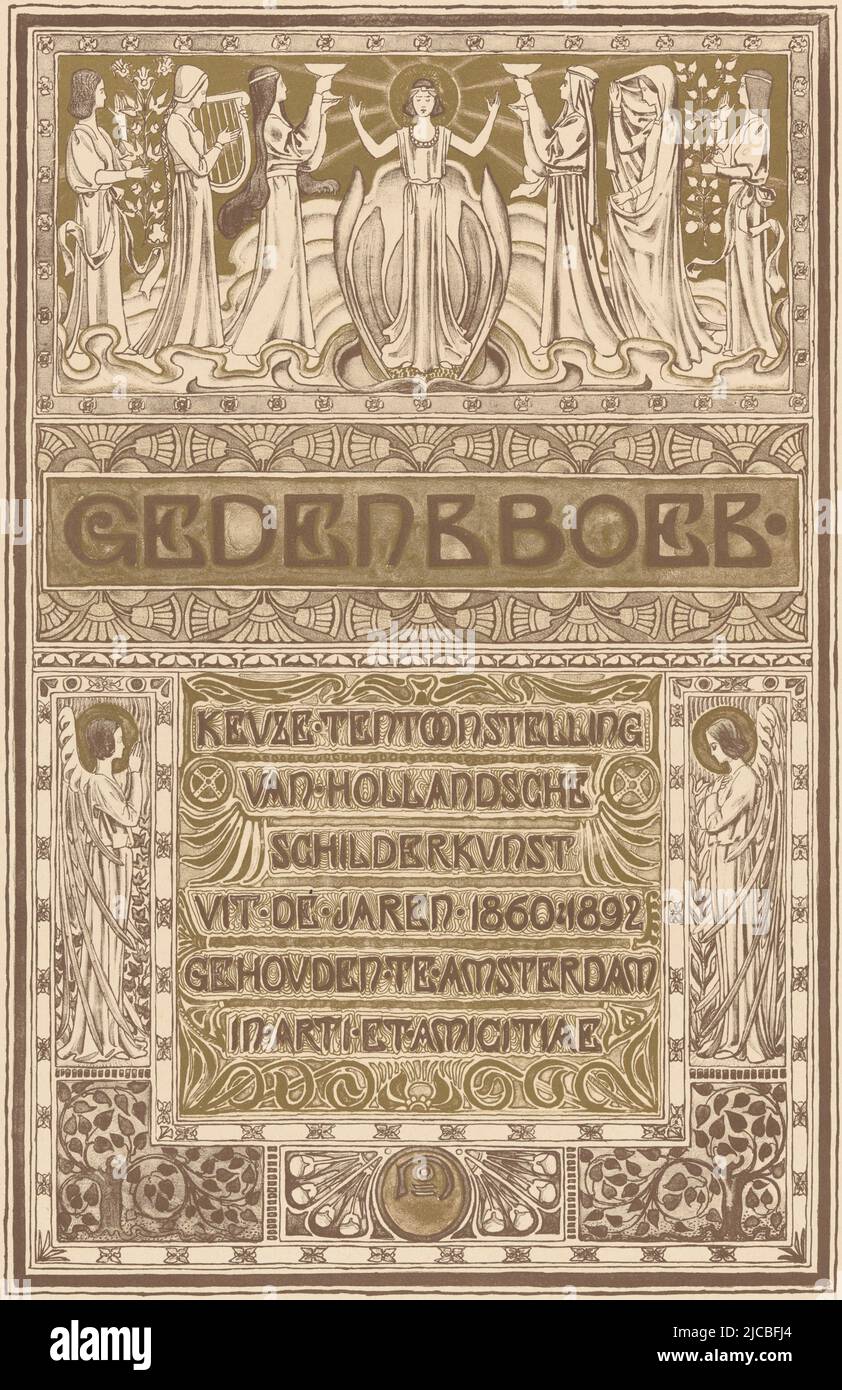 Une femme, la personnification de la beauté, s'élève d'une fleur de lotus Une femme avec une harpe, la personnification de l'harmonie, et une femme avec un voile levé, la personnification de la perception, Offrez-lui une offrande en dessous de la représentation sont des boîtes contenant le texte et la décoration Suivant au sous-titre deux anges l'ange avec des mains lierre et pliées symbolise la fidélité, l'ange avec le nénuphar et les mains sur le coeur symbolise la pureté, page titre du livre commémoratif: Exposition de choix de peinture hollandaise des années 1860-1892, tenue à Amsterdam à Arti et Amicitiae, imprimerie: Antoon Derkinderen, éditeur Banque D'Images