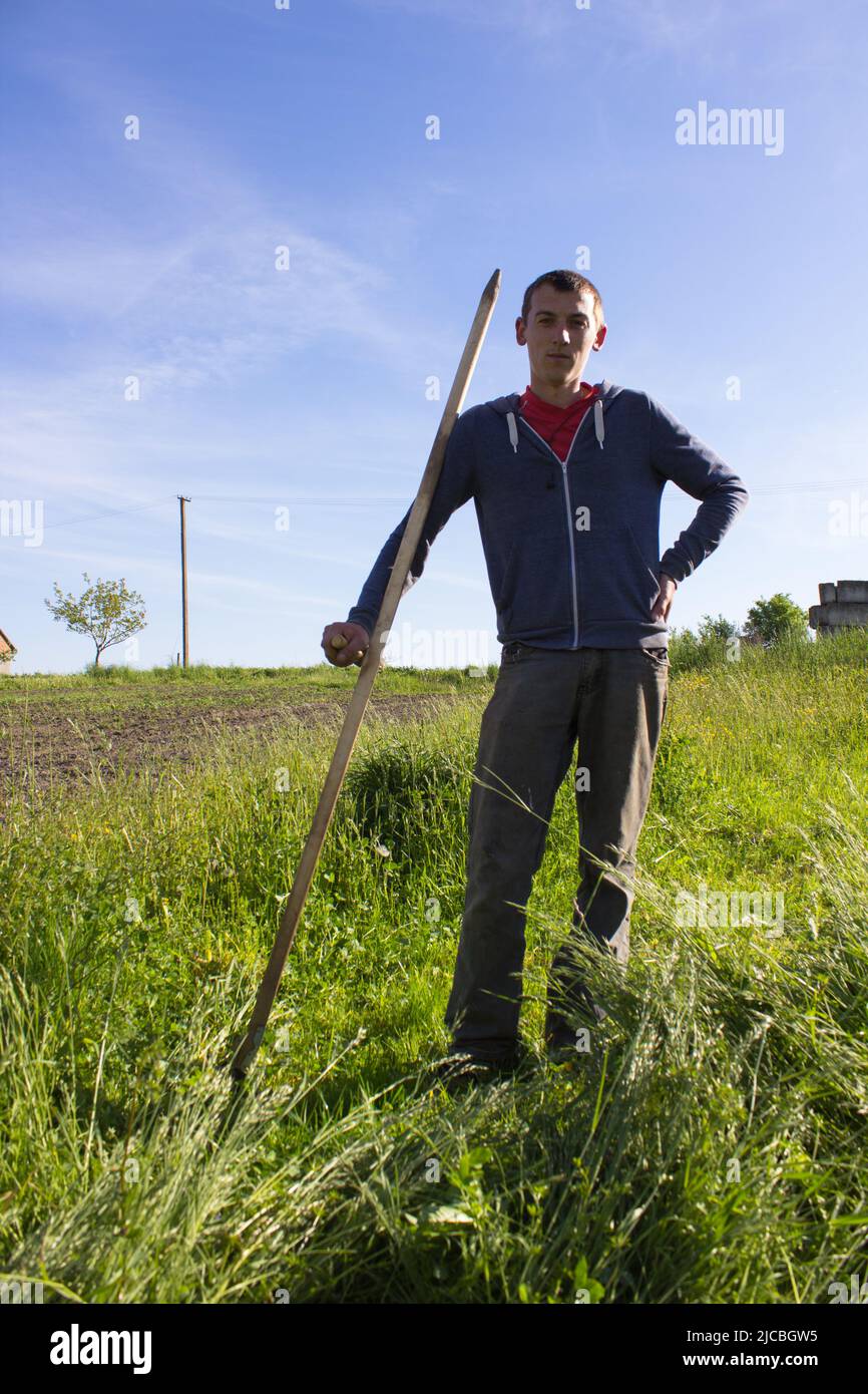 Homme fauchant à l'ancienne avec un scythe Banque D'Images