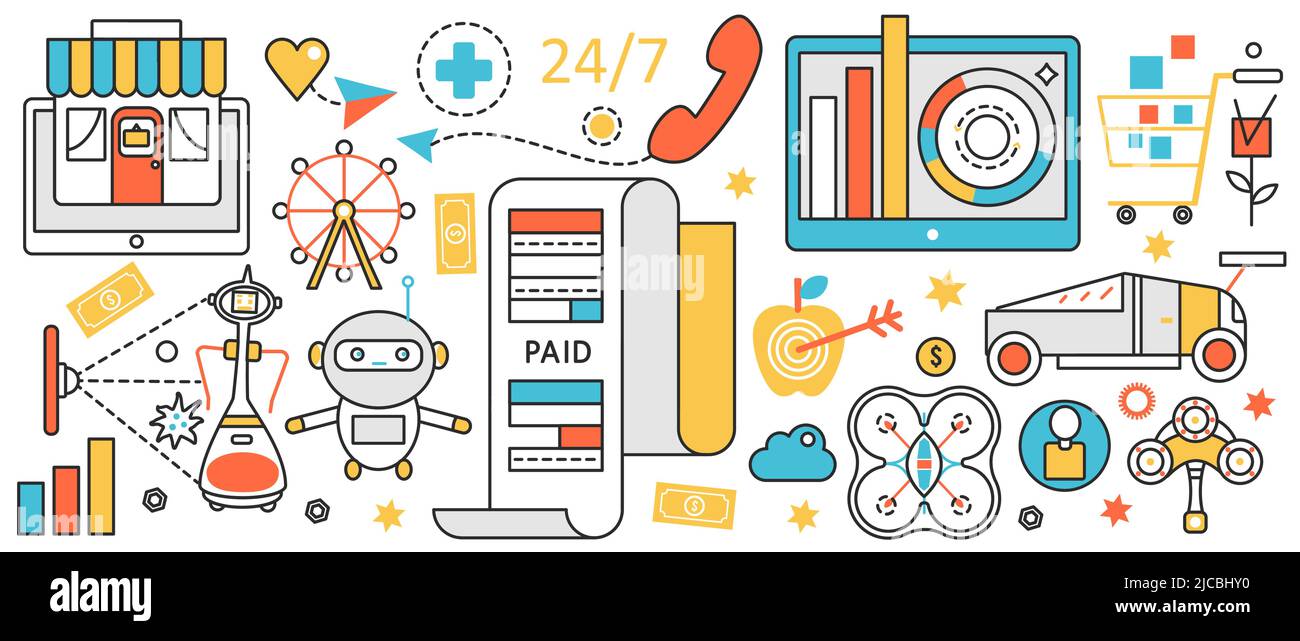 Jouets dans la boutique en ligne pour enfants, service mobile. Réception abstraite du magasin, robots automatisés, voitures et appareils électroniques pour cadeaux, achats sur les ventes dans la bannière conceptuelle de l'infographie, conception de l'art fin de ligne Illustration de Vecteur