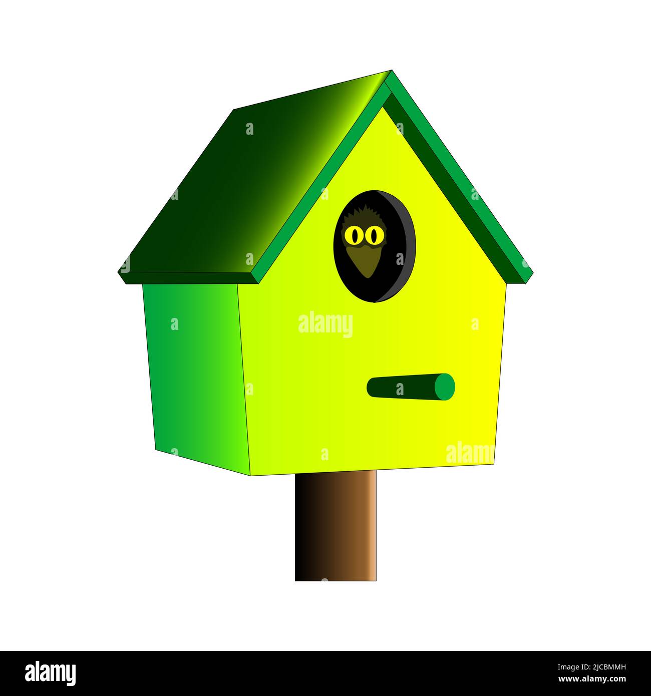 Les yeux d'un petit oiseau à l'intérieur d'une maison d'oiseaux de jardin aux couleurs vives Banque D'Images