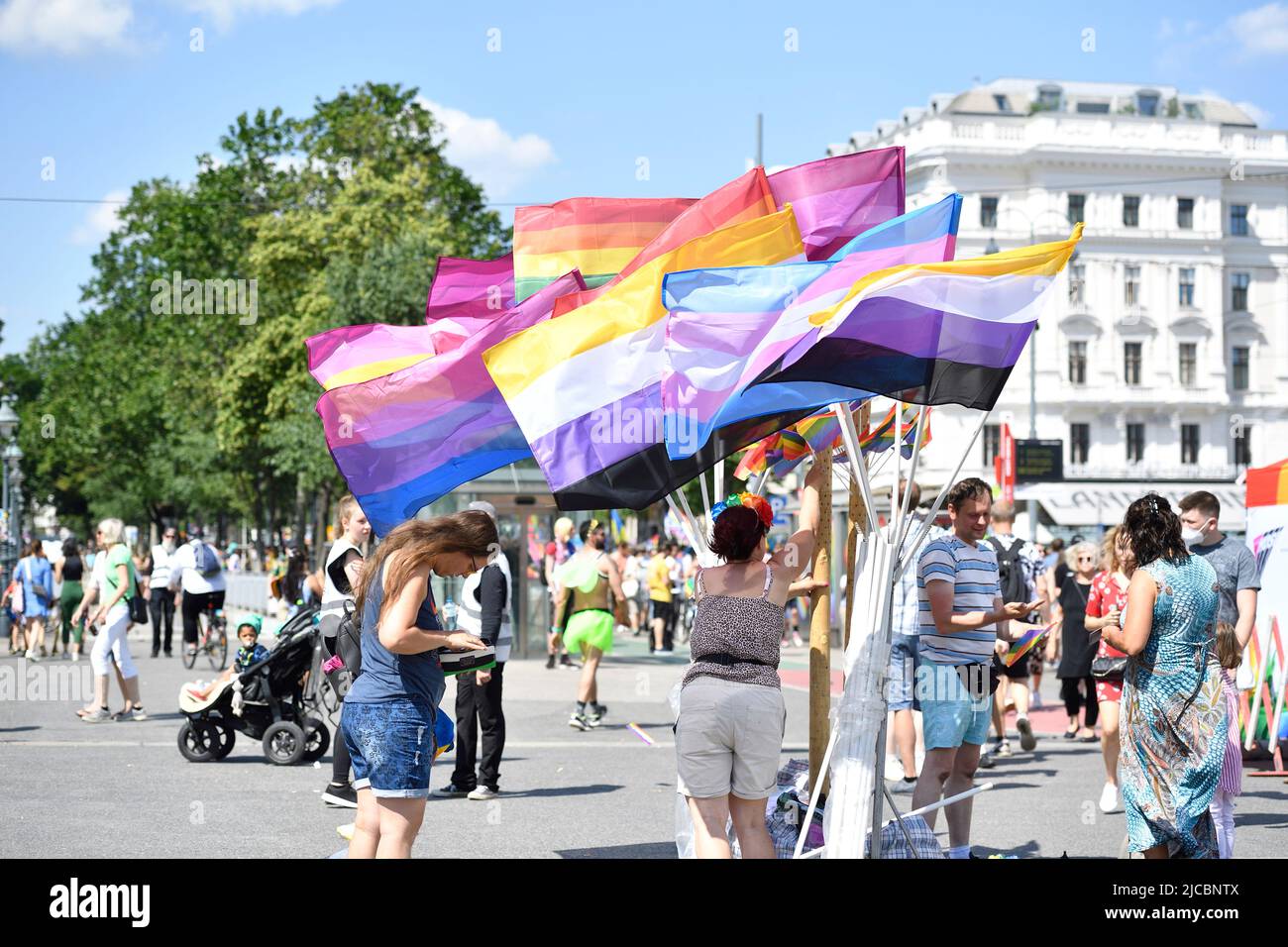 Vienne, Autriche, 11th juin 2022. 26th Rainbow Parade au-dessus de la Wiener Ringstrasse. Différents drapeaux LGBT Banque D'Images