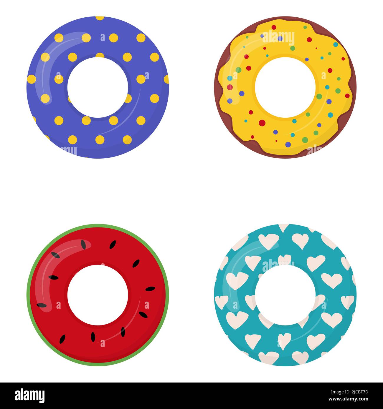 Collection d'anneaux de natation en caoutchouc avec gâteau, avocat, ananas, pastèque et autres ornements qui y sont peints. Bouée de sauvetage flottante pour être Illustration de Vecteur