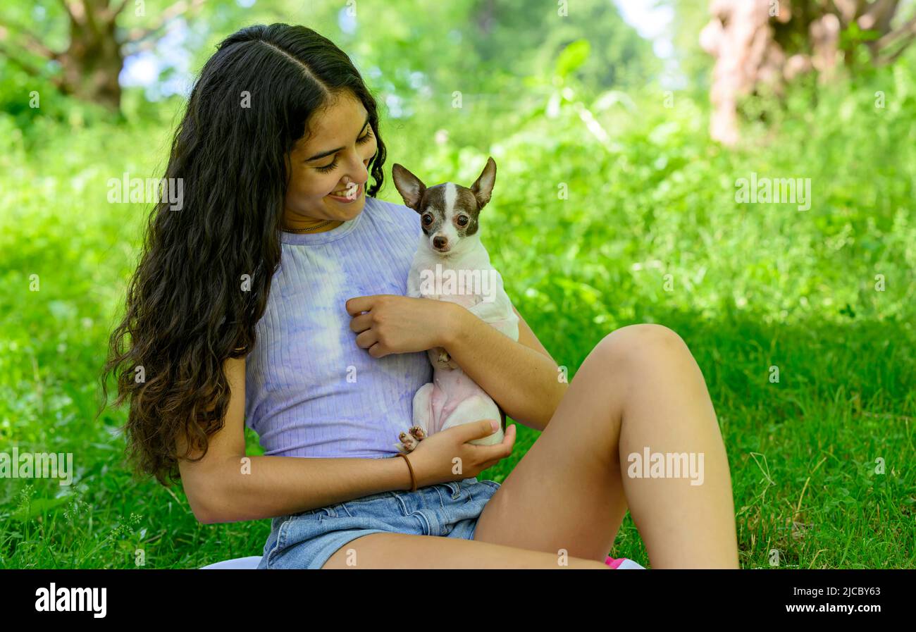 La belle femme hispanique aux cheveux foncés tient Chihuahua et Smiles dans le parc Banque D'Images
