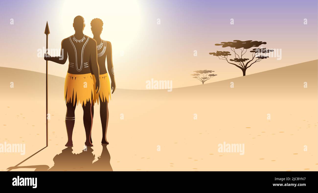 Homme et femme aborigène africain avec art du corps traditionnel et robe ethnique, debout sur un fond de paysage sablonneux ensoleillé et tenant une lance. Illustration vectorielle de couple de tribu Massai. Illustration de Vecteur