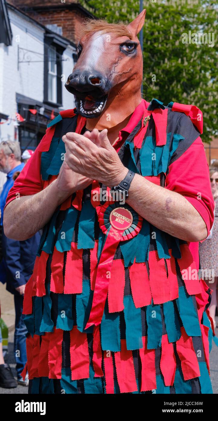 Le danseur de Merrydowers Morris, dans un pelage de pâte et une tête de cheval, se serre les mains sur Pinner High Street à la St George's Day Celebration 2022. Nord-Ouest de Londres. Banque D'Images