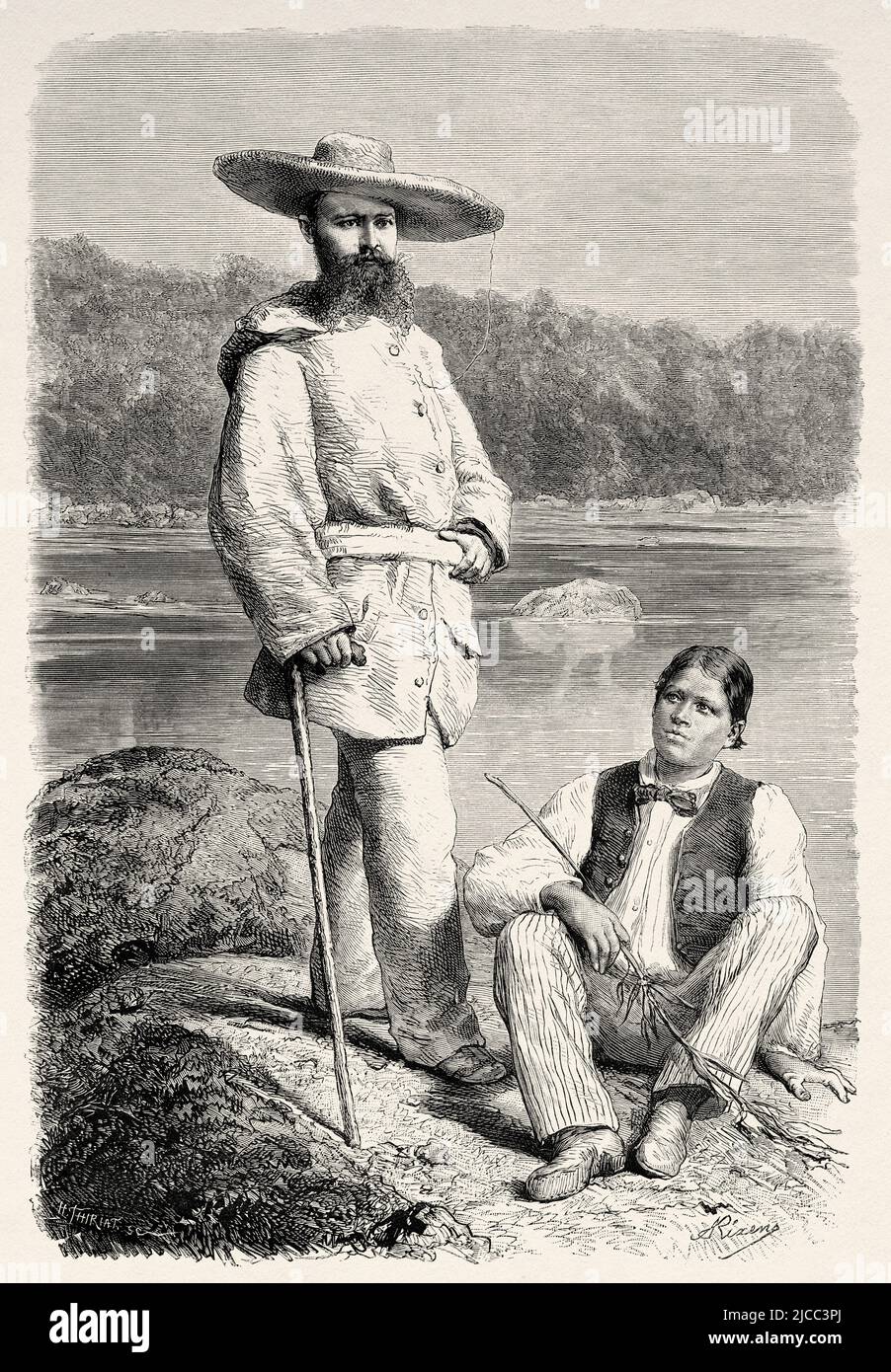 Jules Nicolas Crevaux (1847-1882) médecin militaire français et explorateur amazonien avec son assistant et guide Sababodi, Guyane française, département de France, Amérique du Sud. Voyage d'exploration à l'intérieur des Guianas 1877 par Jules Crevaux. Le Tour du monde 1879 Banque D'Images