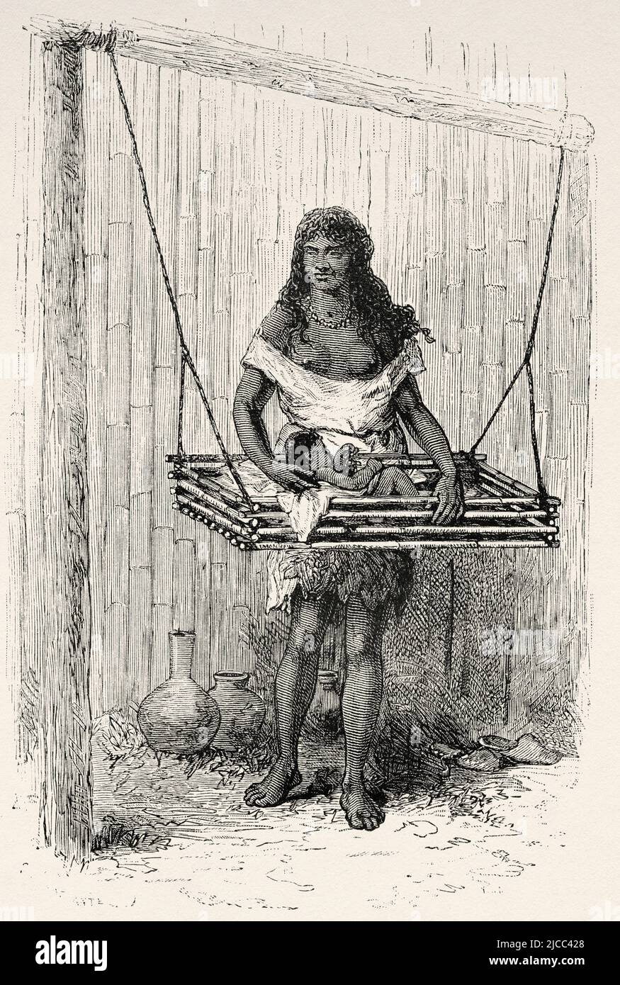 Berceau traditionnel pendant des mois, petits enfants typiques des Indiens colombiens. Yacuanquer. Département de Nariño, Colombie, Amérique du Sud. Voyage à travers l'Amérique équinotiale 1875-1876 par Edward François Andre. Le Tour du monde 1879 Banque D'Images