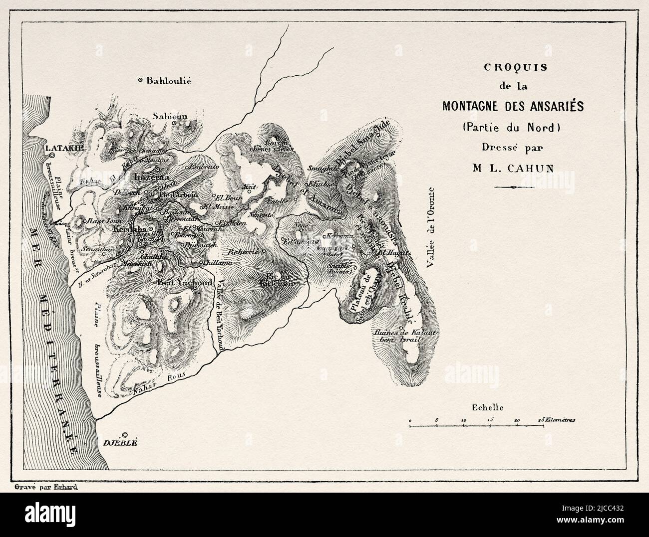 Ancienne carte des montagnes de Nusayriyah. Syrie, Moyen-Orient. Le Nusayris de Léon Cahun 1878. Le Tour du monde 1879 Banque D'Images