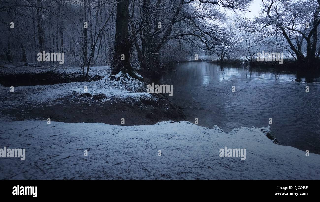 Neige légère dans la forêt par rivière en hiver crépuscule avec fonte bleue Banque D'Images