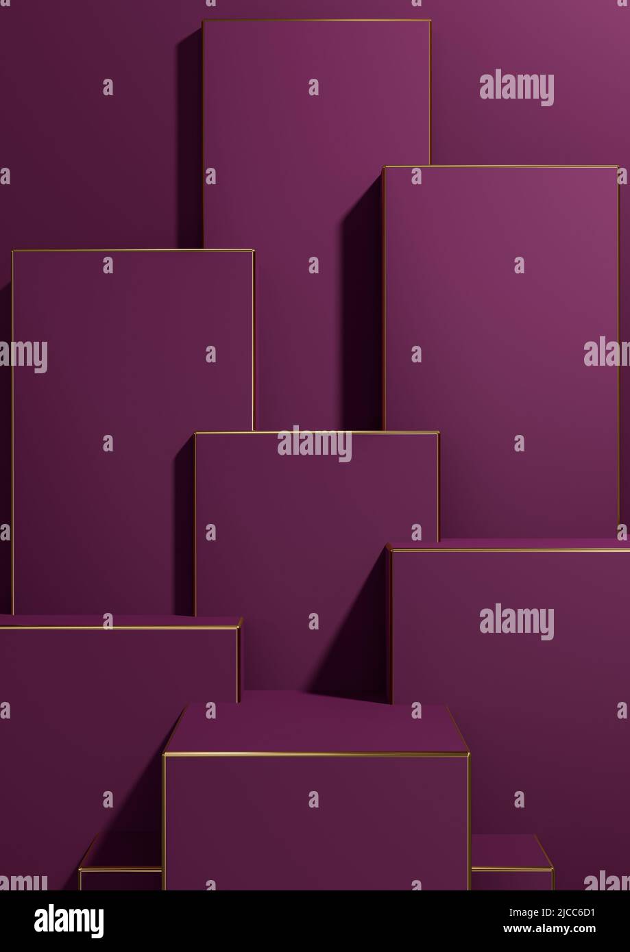Magenta foncé, violet 3D rendu simple, minimal, géométrique produit écran piédestal lignes dorées pour produits de luxe fond d'écran modèle f Banque D'Images