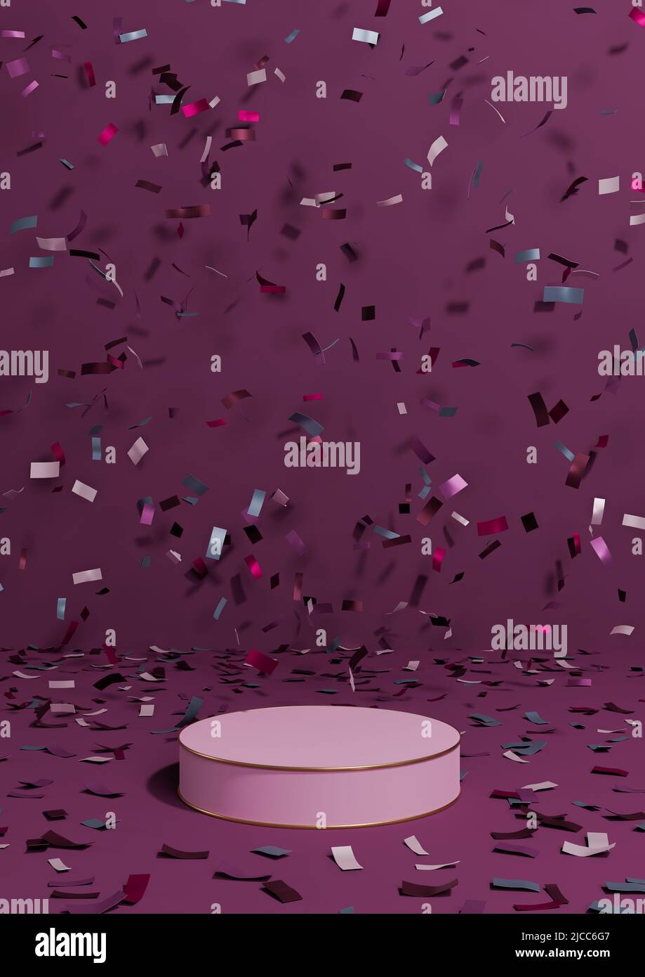 Magenta foncé, violet 3D produit rendu présentoir socle produits anniversaire, célébration avec confetti autour du podium avec ligne dorée pour lu Banque D'Images