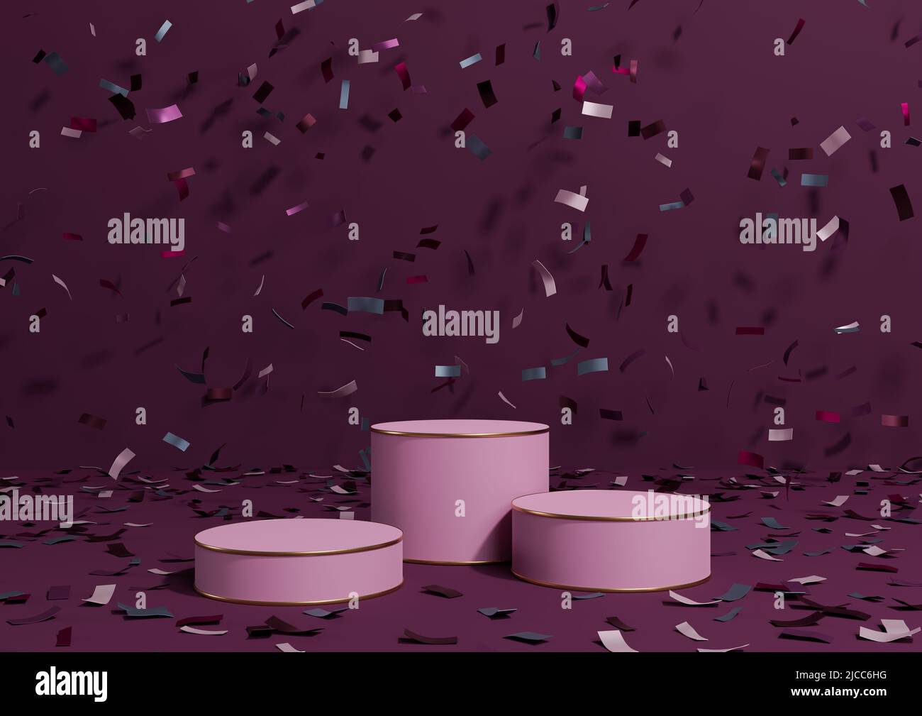 Magenta foncé, violet 3D produit de rendu afficher trois podiums stands avec des confettis coloré fête anniversaire publicité et lignes dorées pour Banque D'Images
