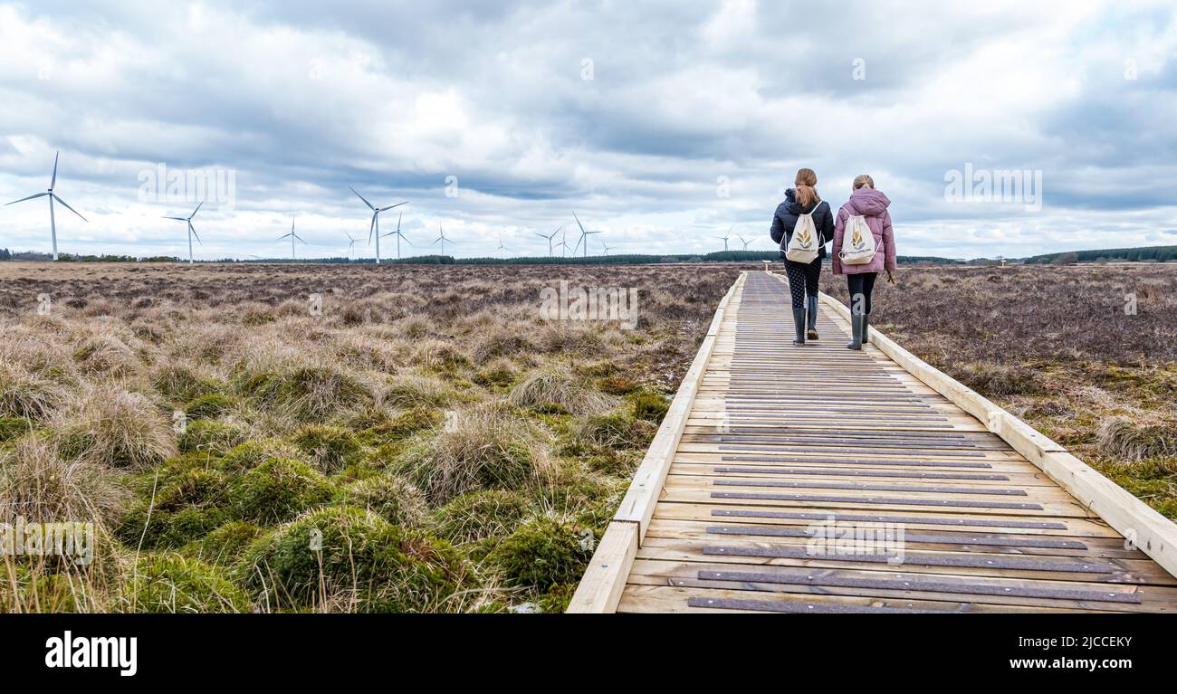 Des filles marchant sur la promenade de la réserve naturelle nationale de Blawhorn Moss avec des éoliennes, West Lothian, Écosse, Royaume-Uni Banque D'Images