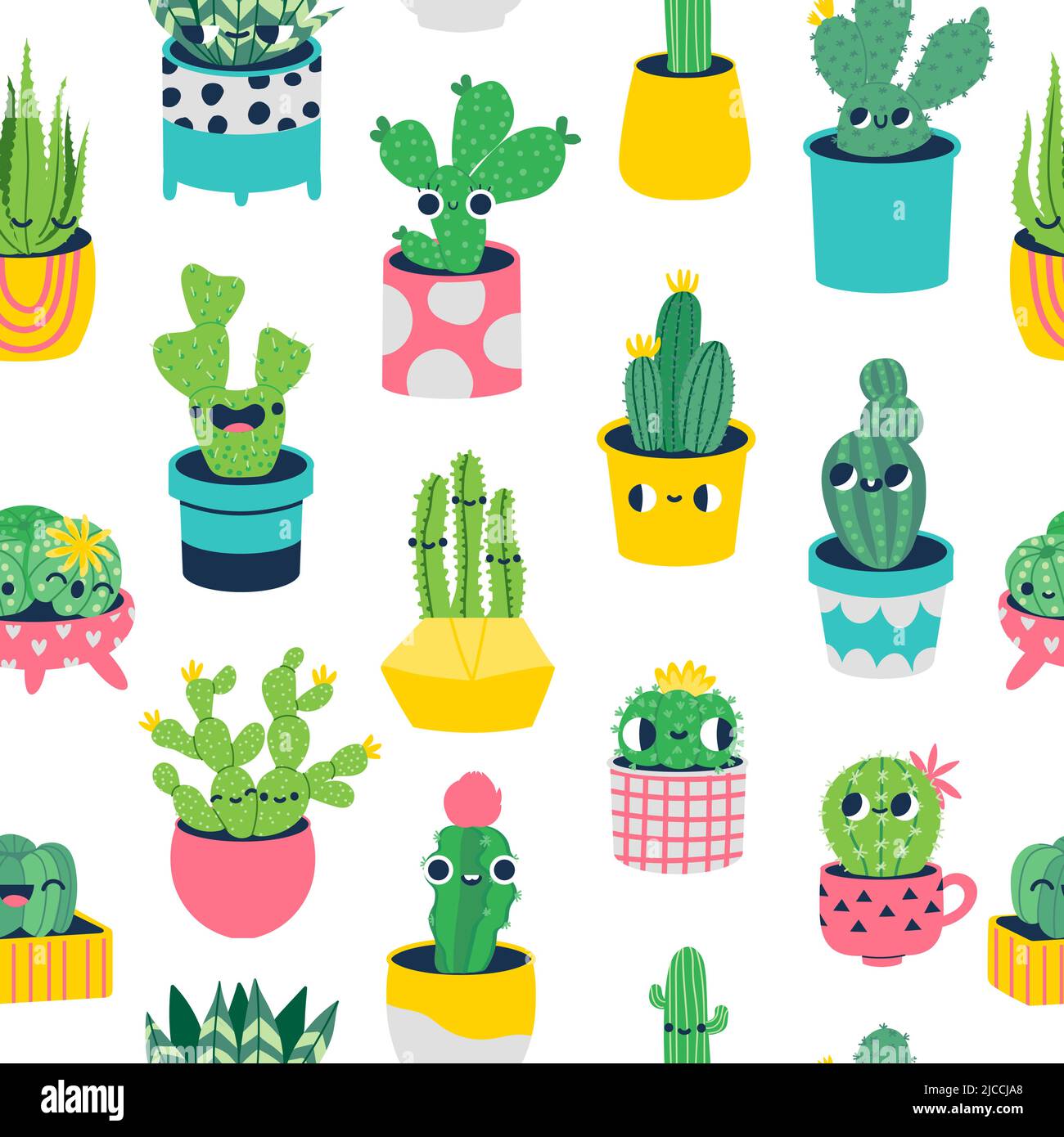 Motif Cactus sans couture. De jolies plantes en pot aux visages souriants. Personnages botaniques aux expressions gaies Illustration de Vecteur