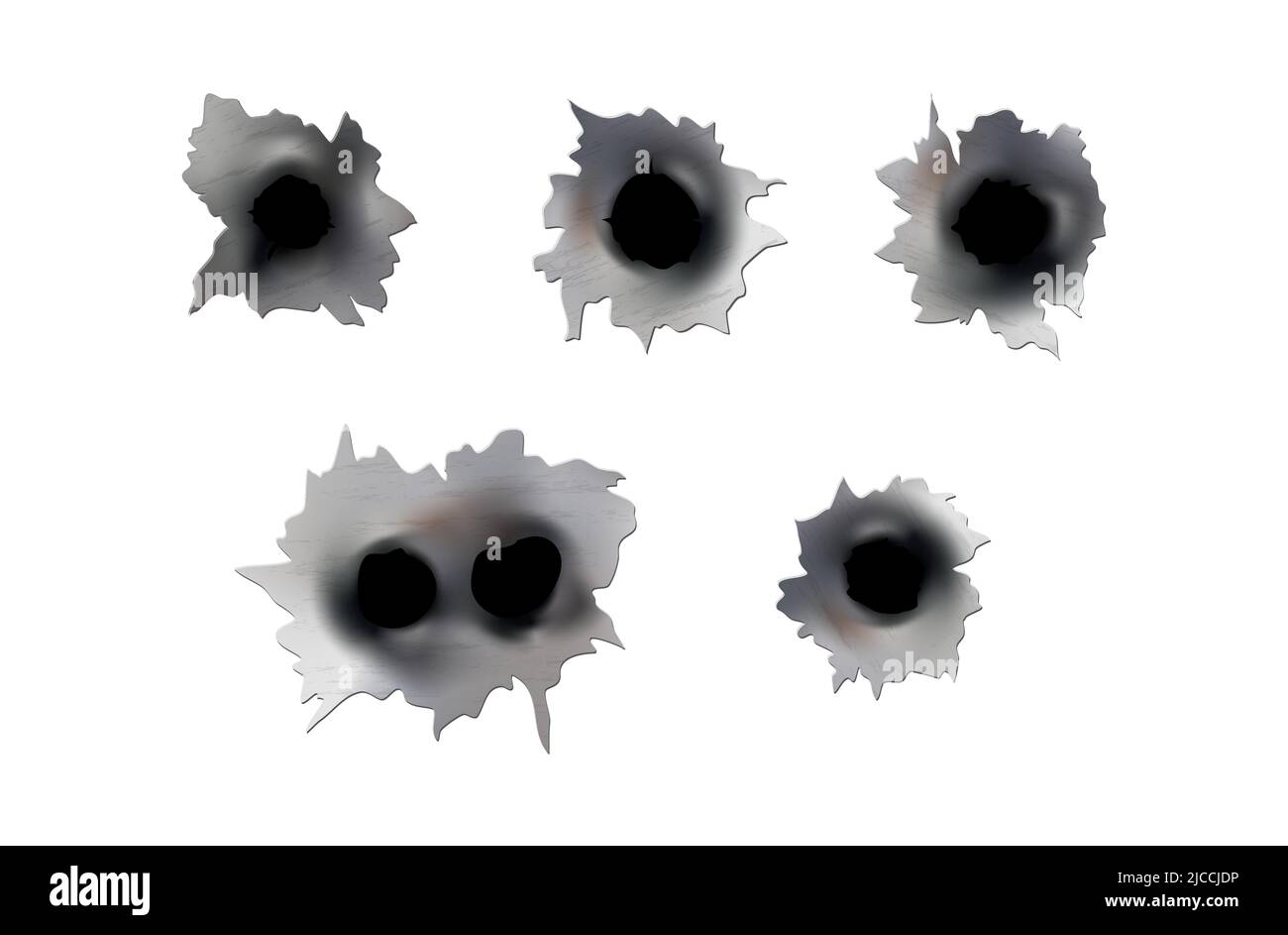 Trous de balle de pistolet ou de pistolet. Photographiez en métal à trou simple ou double. Dommages et fissures sur la surface. Vecteur isolé en arrière-plan Illustration de Vecteur