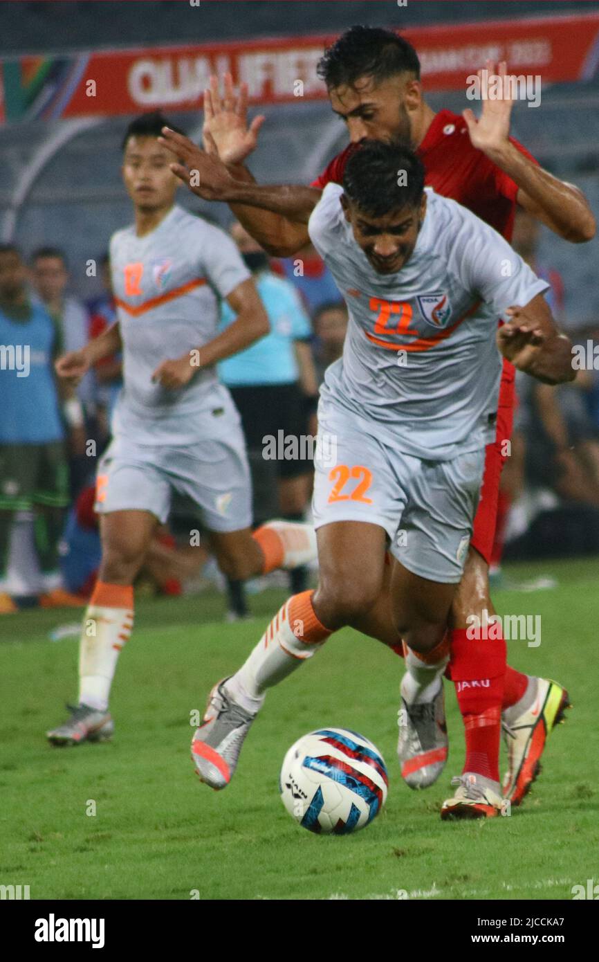 Kolkata, Inde. 11th juin 2022. AFC Asian CUP Qualifier - l'Inde contre l'Afghanistan au Vivekananda Yuba Bharati Krirangan à Kolkata. Dans un concours palpitant de football, l'Inde a réussi à surclasse l'Afghanistan avec deux buts tardifs de Sunil Chhetri et Sahal Abdul Samad. Inde eins 2-1. (Photo de Dipa Chakraborty/Pacific Press) crédit: Pacific Press Media production Corp./Alay Live News Banque D'Images