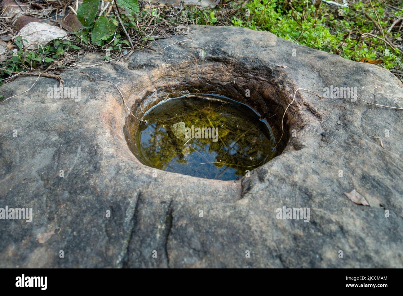 Gros plan d'un pothole rond sur une pierre remplie d'eau de pluie. Uttarakhand Inde. Banque D'Images