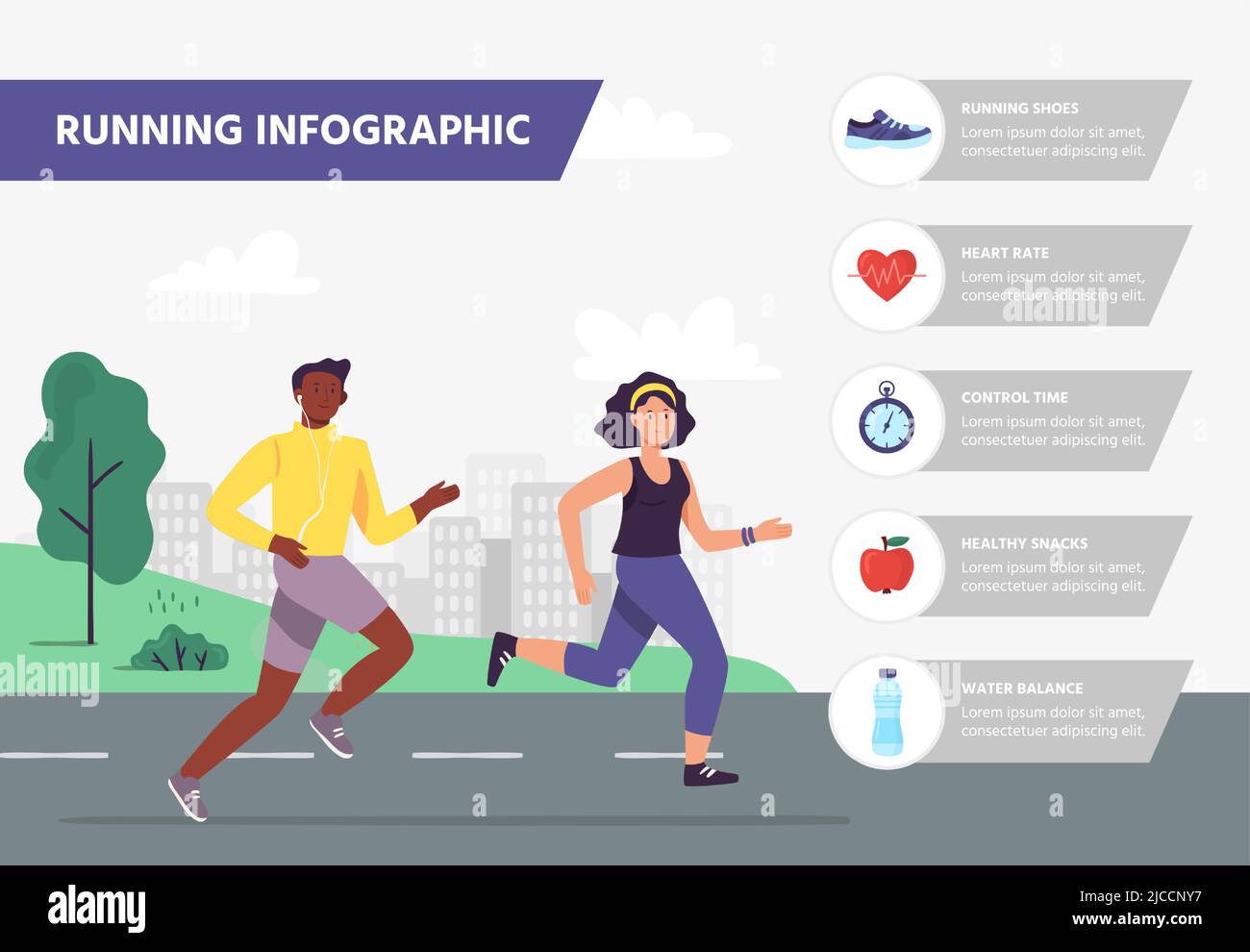 Exécuter l'infographie. Homme et femme en train de courir marathon. Les athlètes s'entraînent en plein air dans le parc de la ville. Exercice sportif Illustration de Vecteur