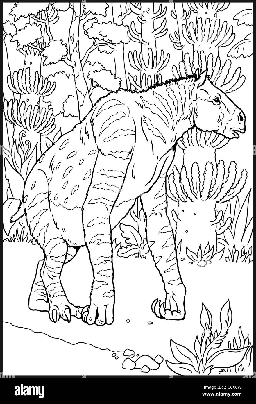 Animal préhistorique - Chalicotherium. Dessin avec des animaux éteints. Modèle pour livre de coloriage. Banque D'Images