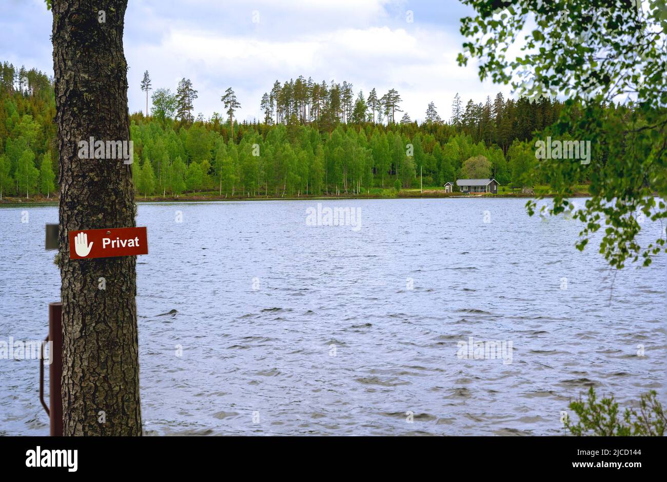 Panneau sur un arbre avec lettre 'privat' au lac Gissen en Suède Banque D'Images