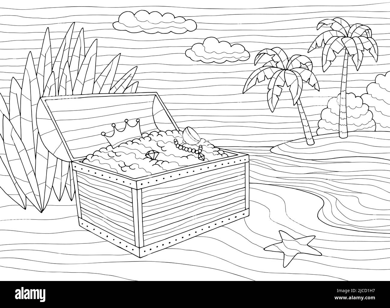 Trésor poitrine colorant mer côte graphique noir blanc paysage esquisse illustration vecteur Illustration de Vecteur
