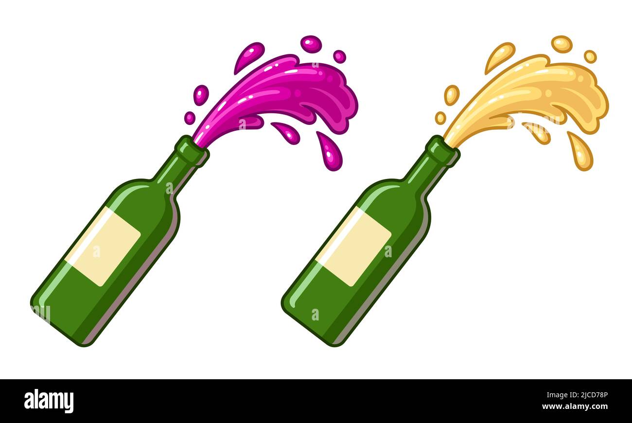 Bouteille de vin rouge et de vin blanc éclaboussant. Illustration de clip art vectoriel de dessin animé. Illustration de Vecteur