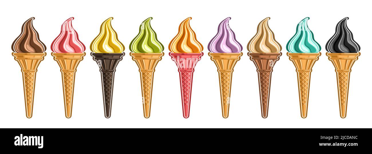 Ensemble de crème glacée Vector, lot collection de 9 découper différentes illustrations de crème glacée rafraîchissante réaliste, bannière horizontale avec icec cool coloré Illustration de Vecteur