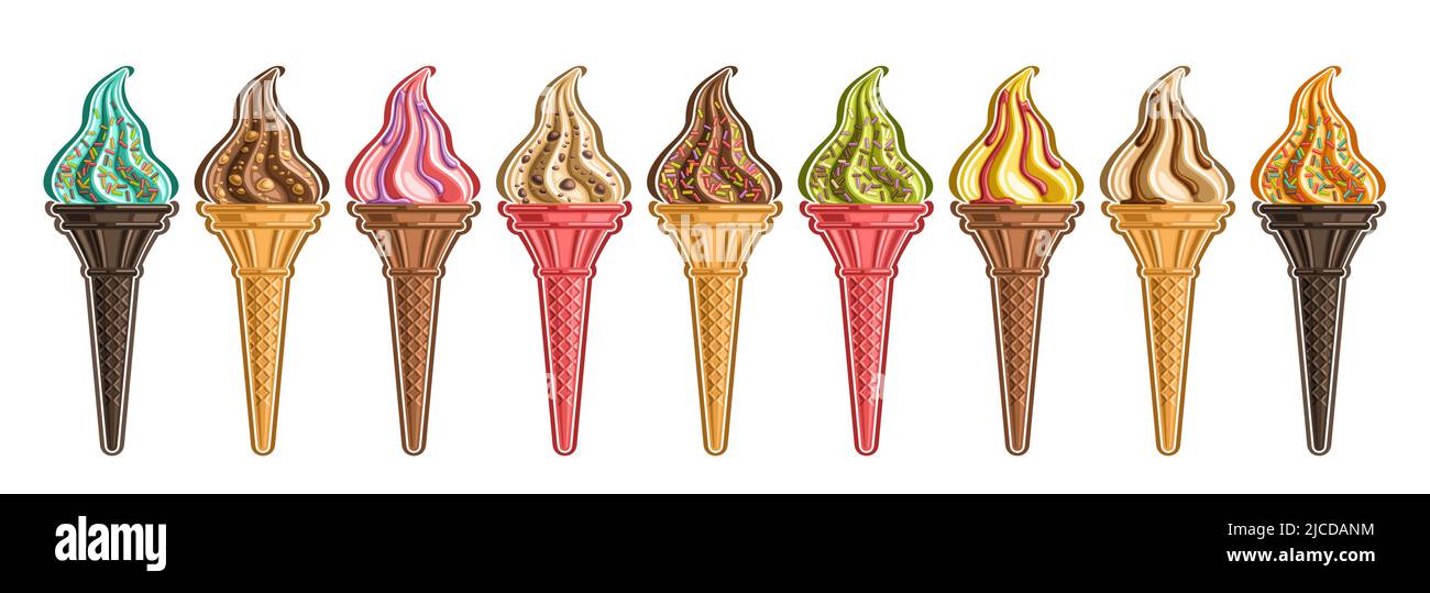 Ensemble de crème glacée Vector, lot collection de 9 découper différentes illustrations de crème glacée rafraîchissante réaliste, bannière horizontale avec froid américain icec Illustration de Vecteur