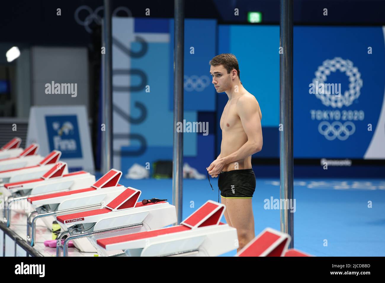 31st JUILLET 2021 - TOKYO, JAPON : Kristof Milak, de Hongrie, se réchauffe aux Jeux Olympiques de Tokyo 2020 (photo : Mickael Chavet/RX) Banque D'Images