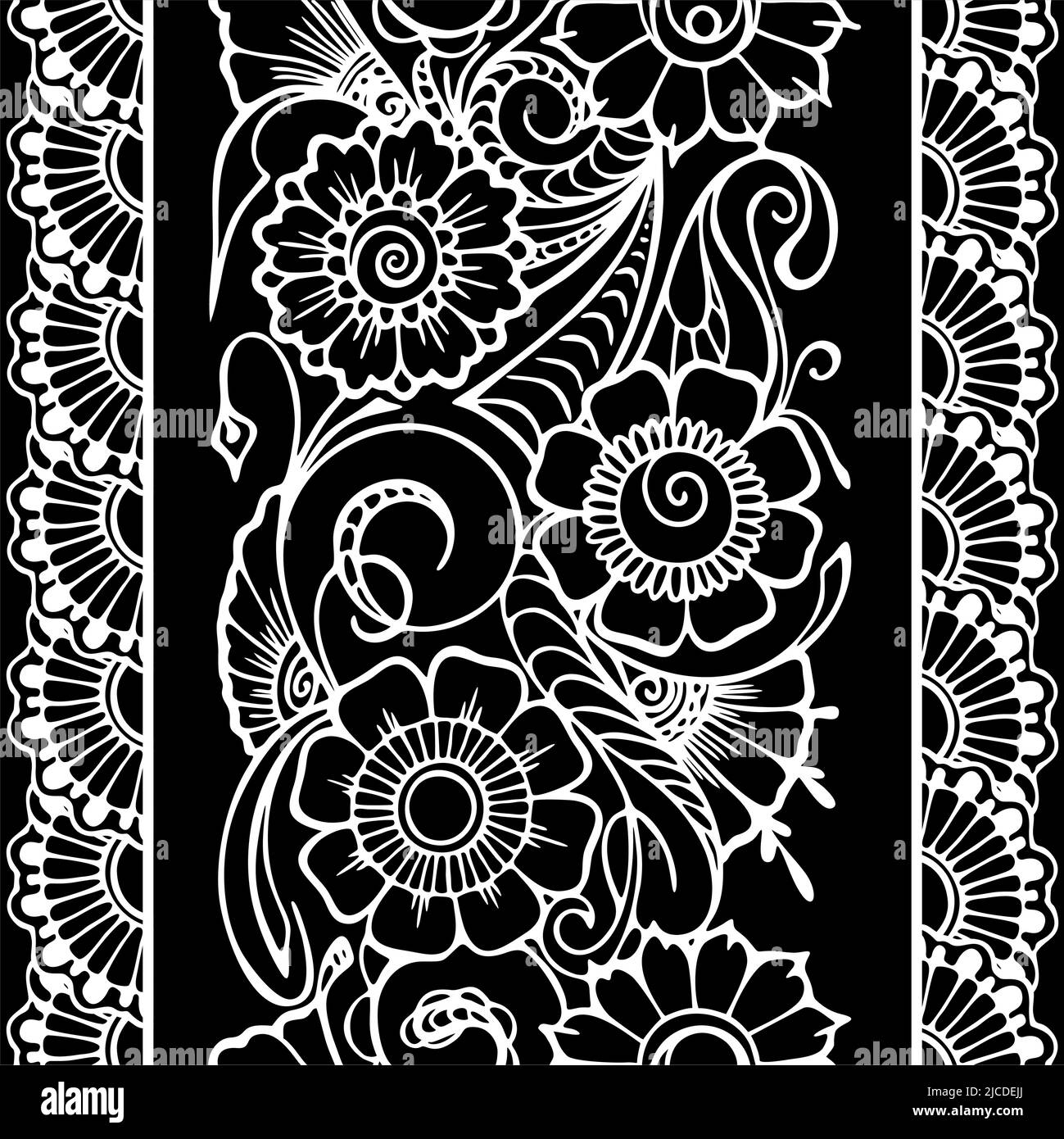 répétition sans couture de la bordure orientale, contour blanc motif floral sur fond noir, texture, cadre Illustration de Vecteur