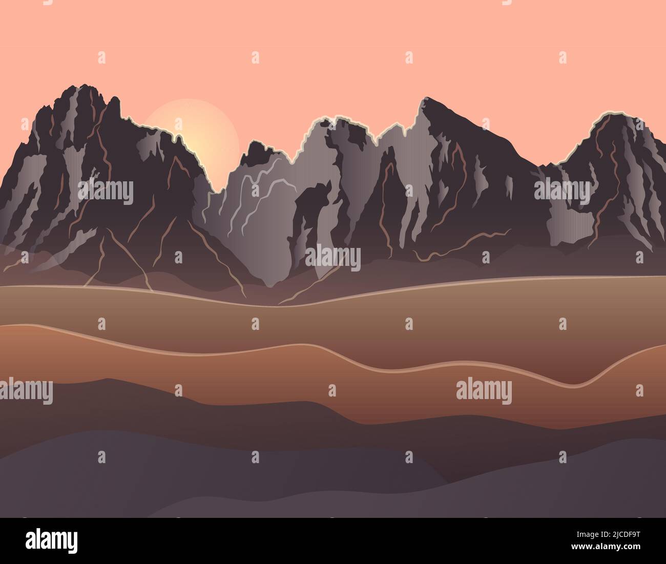 Paysage matinal élégant avec montagnes et désert Illustration de Vecteur