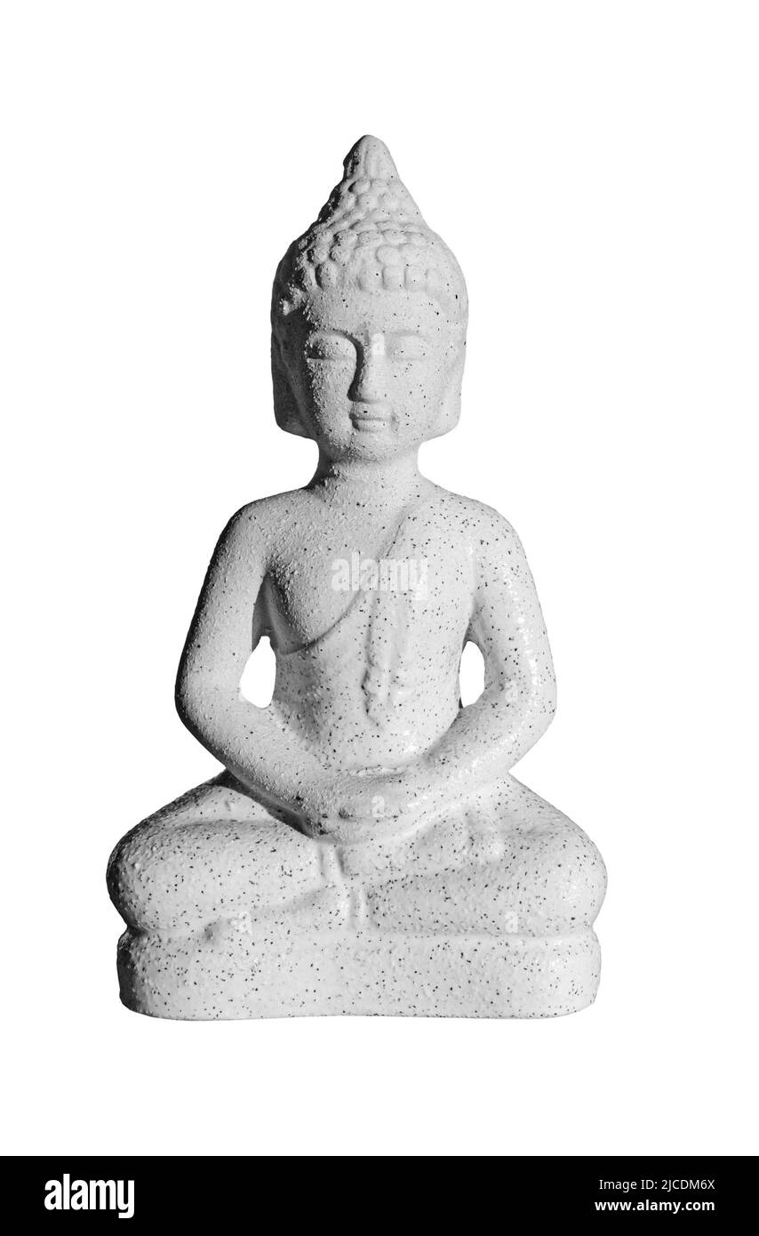 Statue en pierre de Bouddha dieu isolé sur fond blanc, vue de face sculpture noire et blanche Banque D'Images