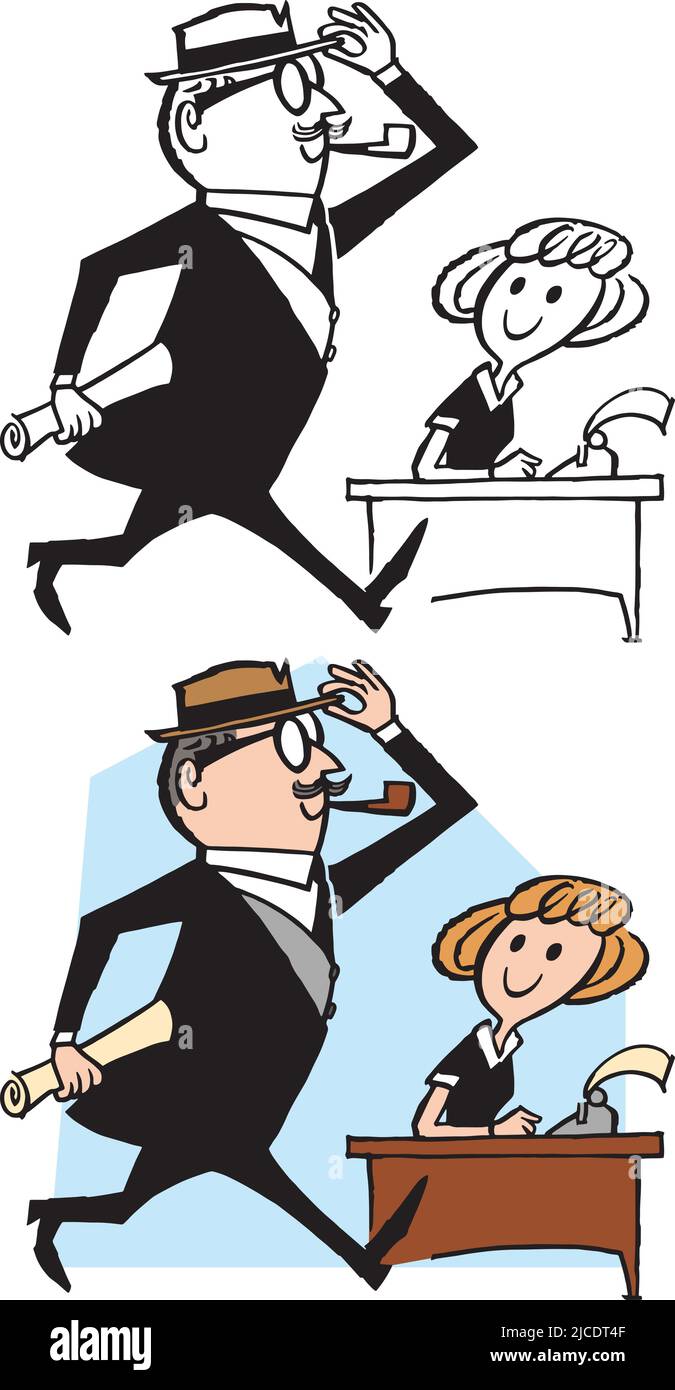 Un dessin animé rétro vintage d'un homme d'affaires arrivant à son bureau pour le travail. Illustration de Vecteur