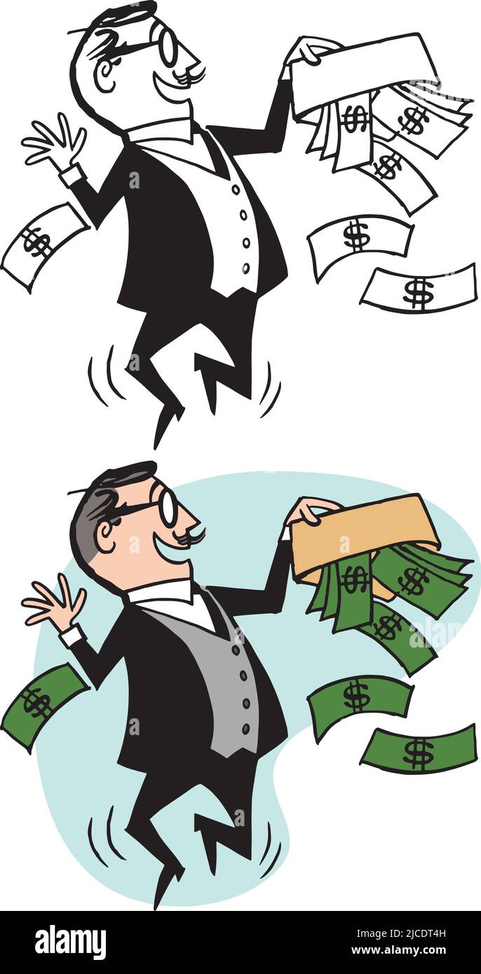 Un dessin animé rétro vintage d'un homme d'affaires vidant une enveloppe pleine de billets en dollars Illustration de Vecteur