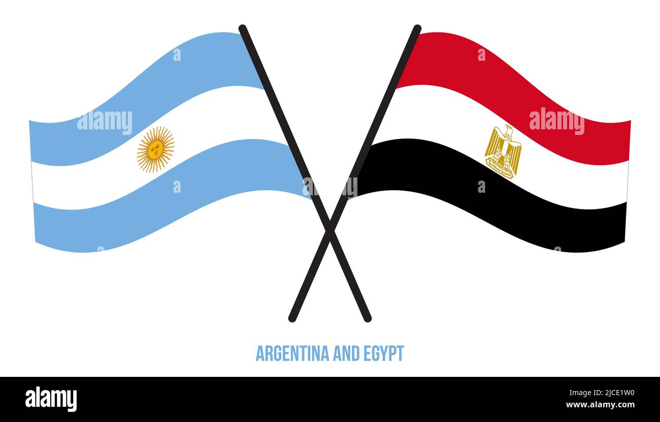 Argentine et Égypte drapeaux croisés et ondulant le style plat. Proportion officielle. Corriger les couleurs. Banque D'Images