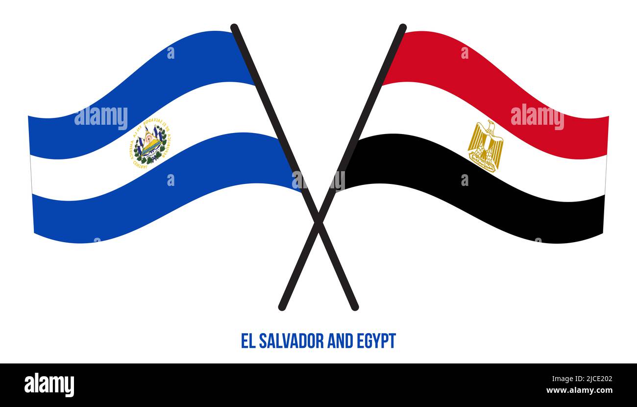Les drapeaux d'El Salvador et d'Egypte sont croisés et agités de style plat. Proportion officielle. Corriger les couleurs. Banque D'Images