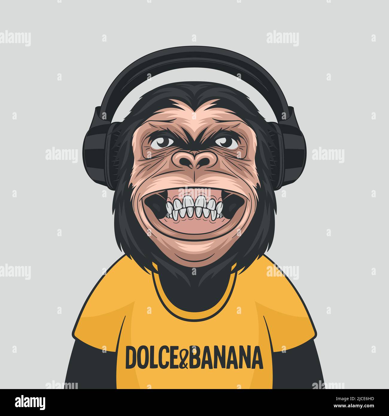 Vector drôle sourire Chimpanzee APE avec casque. Happy Monkey for Wall Art, imprimé T-shirt, affiche. Mignon dessin animé Chimp Monkey Illustration de Vecteur