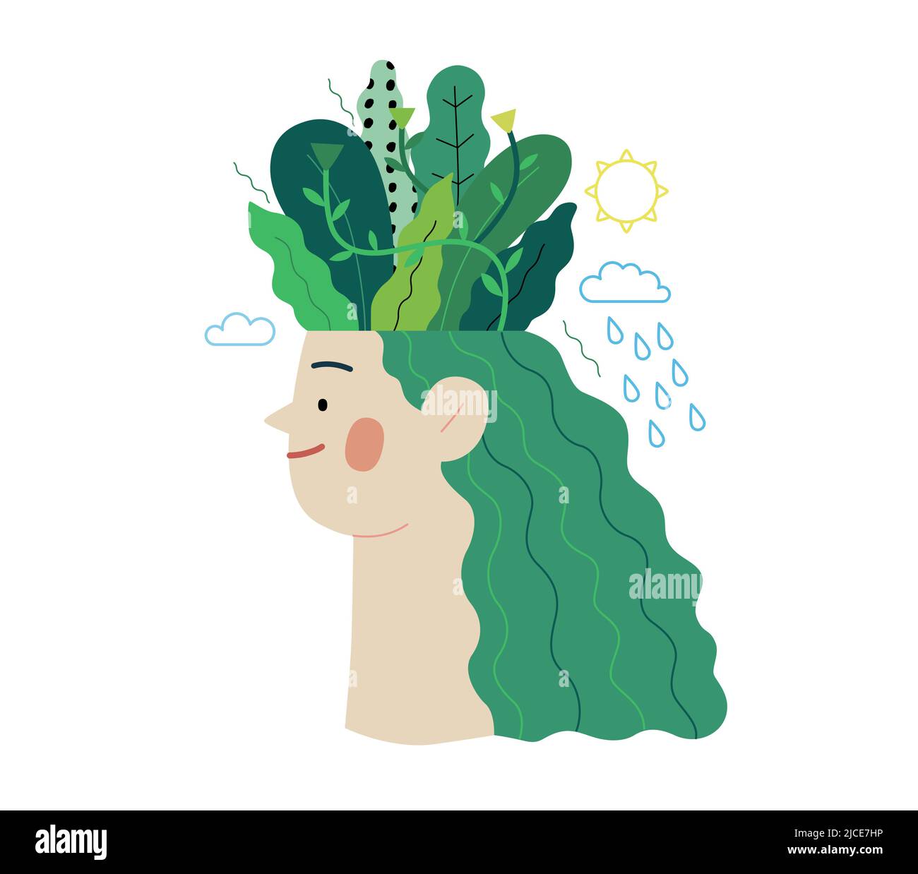 Écologie - pensez vert - moderne vecteur plat illustration du concept d'une tête de jeune femme plantée d'arbres et de fleurs, une métaphore de la pensée durable Illustration de Vecteur