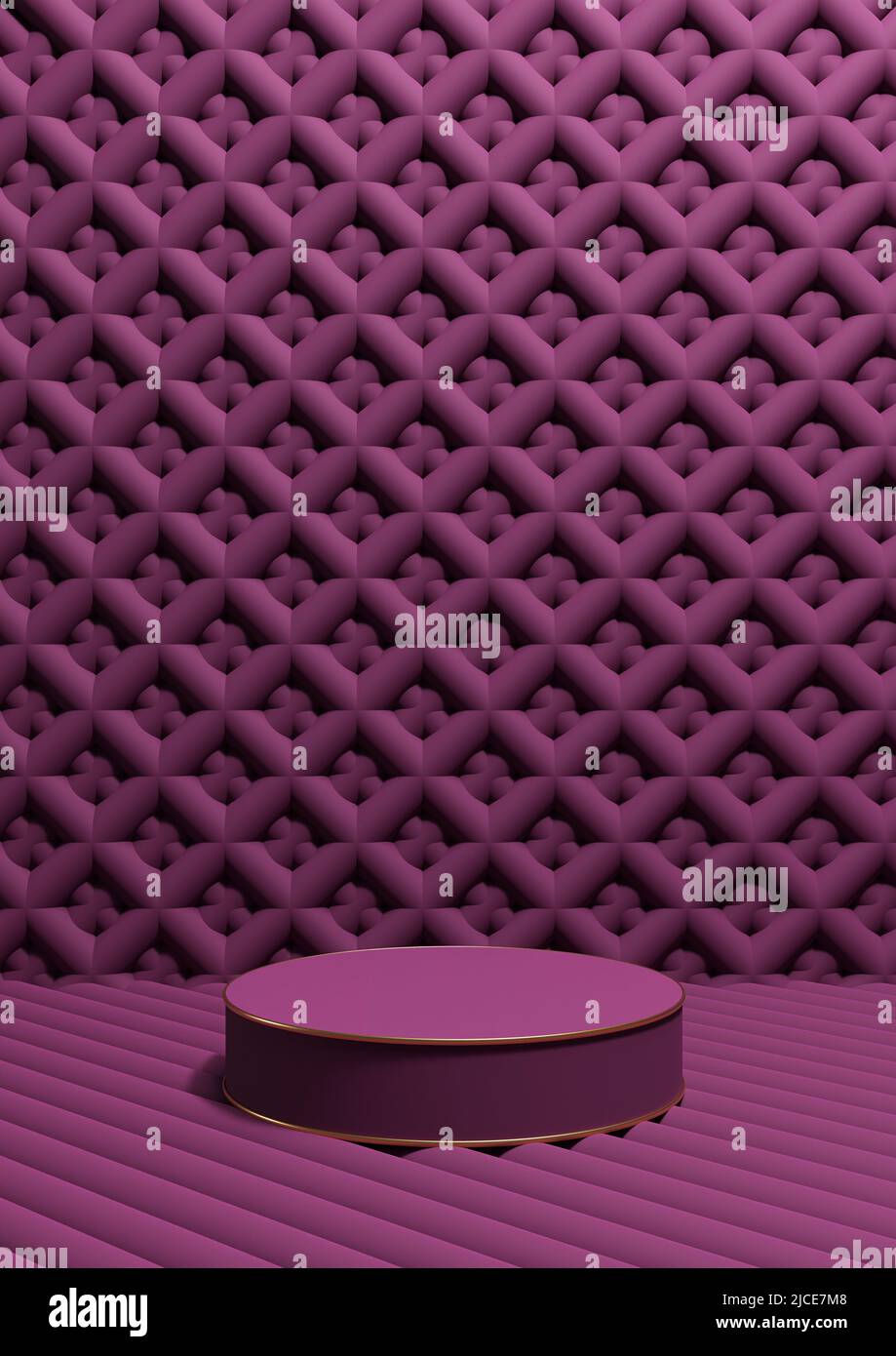 Magenta foncé, violet 3D rendu produit de luxe affichage vertical produit photographie un cylindre podium stand ligne dorée et ornement papier peint ou Banque D'Images