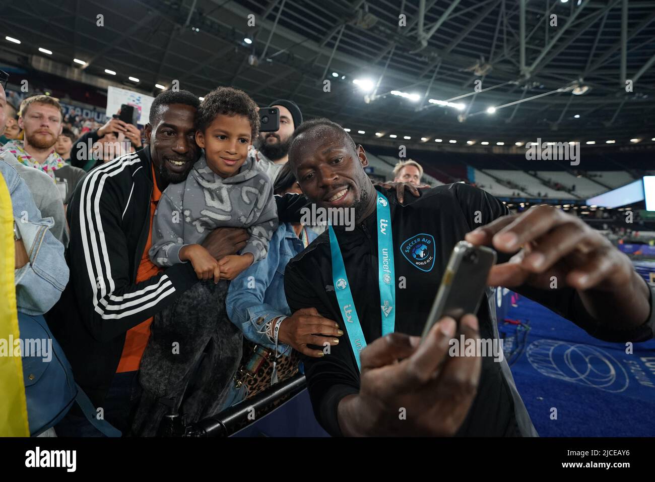 Reste du monde XI Usain Bolt après le match de football de l'aide pour l'UNICEF au stade de Londres, Londres. Date de la photo: Dimanche 12 juin 2022. Banque D'Images