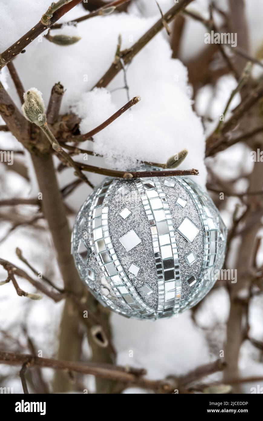 Décoration boule de Noël argentée sur un arbre extérieur enneigé Banque D'Images