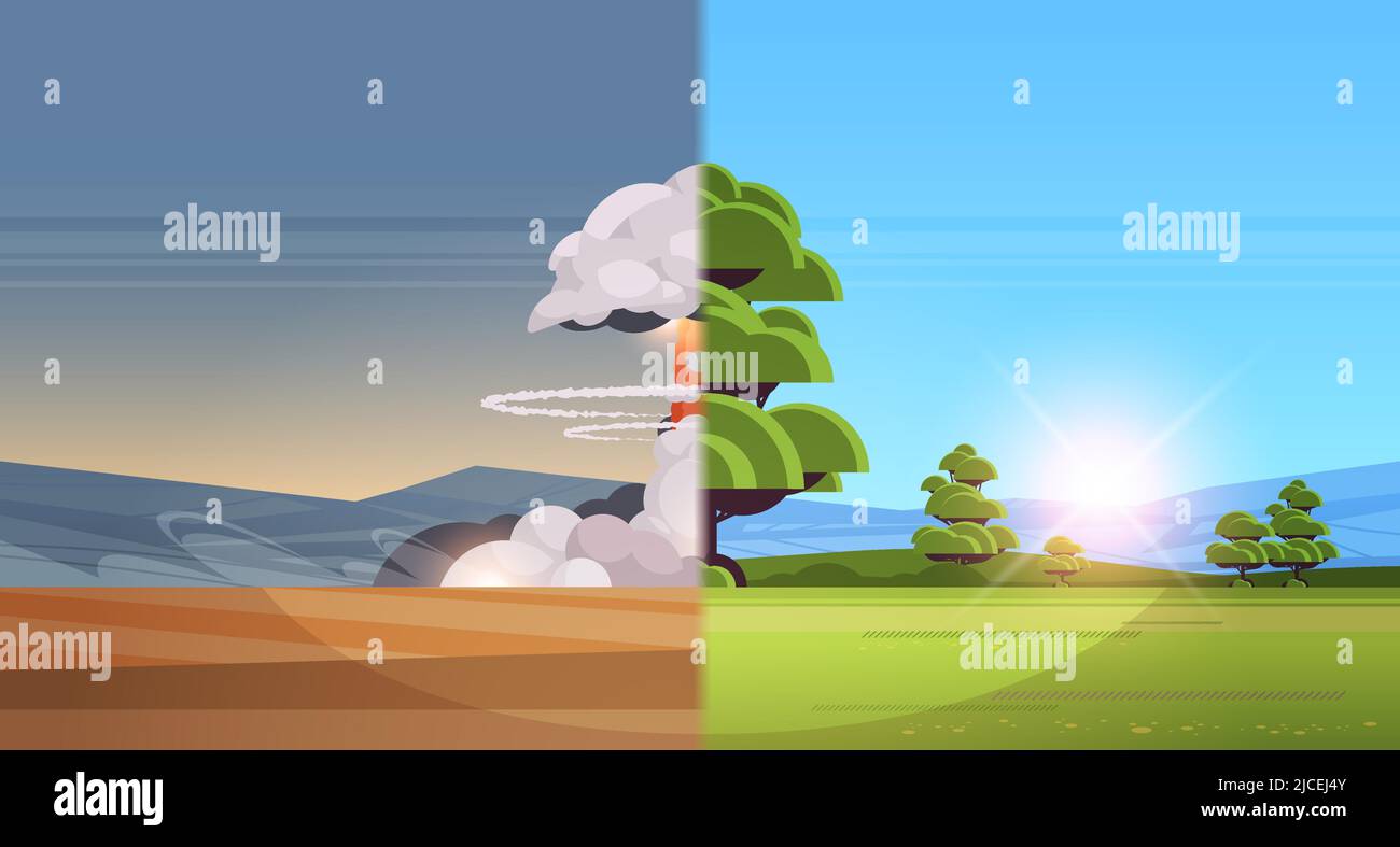 explosion nucléaire une boule de feu montante de nuages de champignons atomiques et d'apocalipce d'arbre vert détonation dangereuse destruction arrêter la guerre Illustration de Vecteur